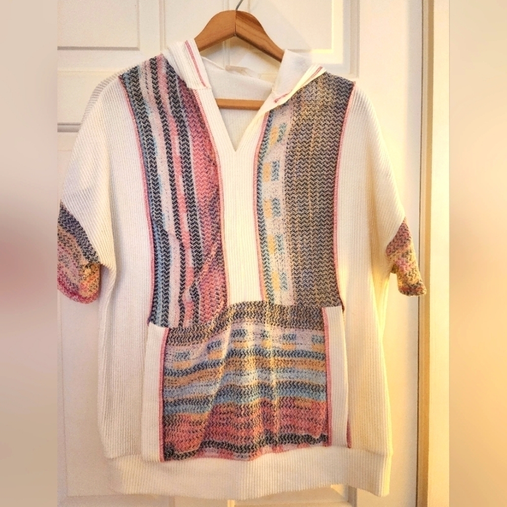 Lovely Melody Multicolor Knit Women's Hooded Shirt Size Xl Beach Summer Resort